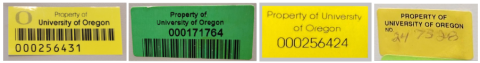 Four examples of asset stickers with bright yellow or green backgrounds, each reading "Property of University of Oregon"