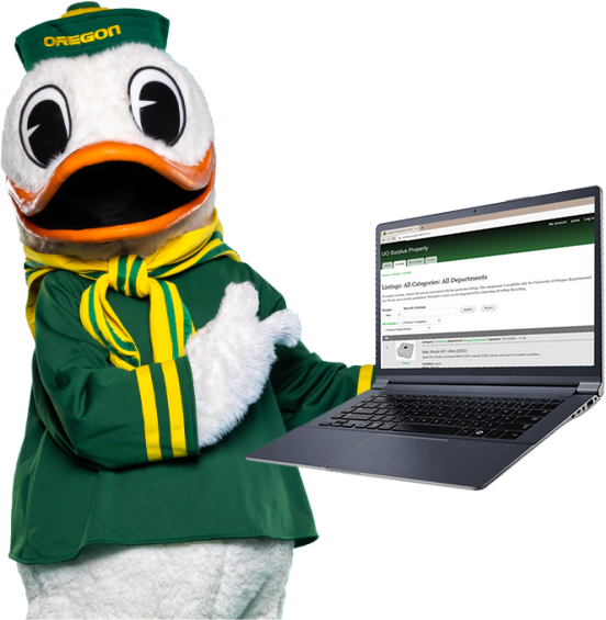 UO duck pointing to a laptop